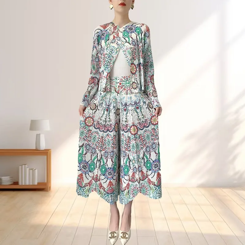 مياكي جديد تي شيرت مطبوعة مطوي نصف تنورة سترة دون أكمام فستان حجم كبير بنطال ذو قصة أرجل واسعة سترة بلايز جاكيتات معاطف نسائية