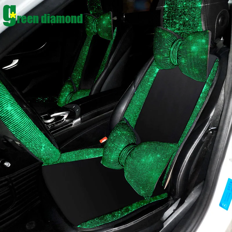 Crystal Green Diamond Car Seat Covers Rhinestones Auto Seat Cushion Four Season Universal Car Interior Accessorie For Women Gift