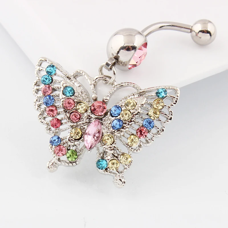Multi-colored butterfly navel ring lady fashion body piercing jewelry Retail belly bar 14G 316L surgical steel bar Nickel-free