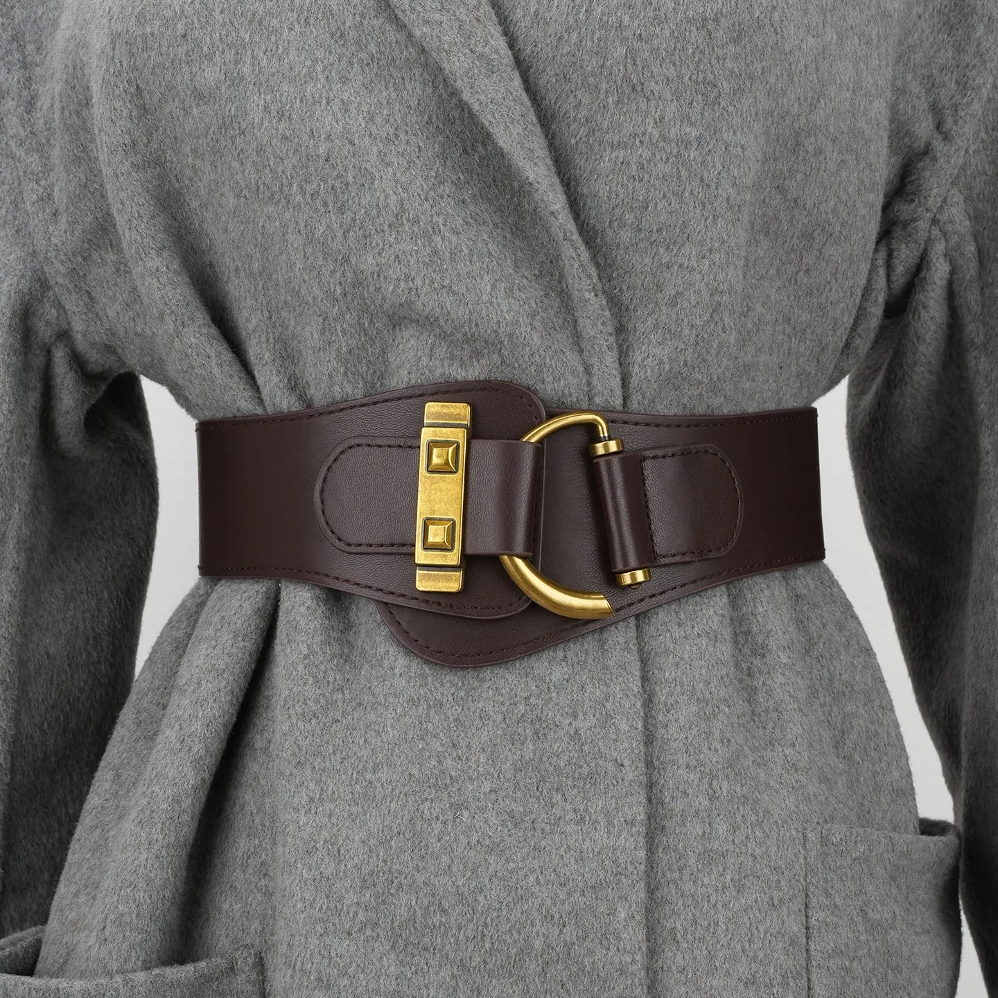 Vintage Gold Buckle PU Elastic Wide Belt, Simple Waist Cincher for Coats, Fashion Accessory