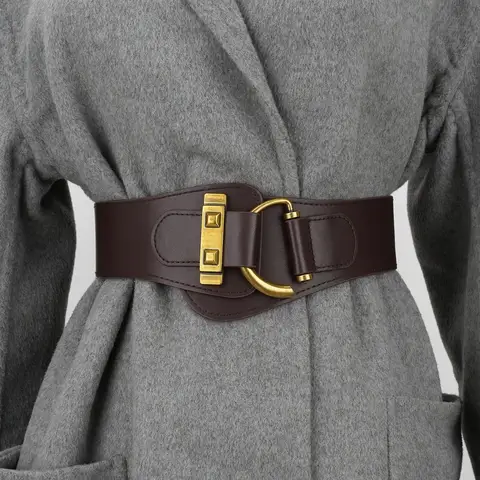 Vintage Gold Buckle PU Elastic Wide Belt, Simple Waist Cincher for Coats, Fashion Accessory
