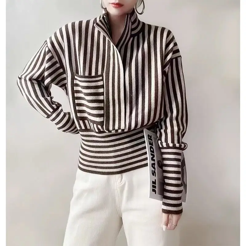 

Stripe Knit Zipper Women Autumn Simple Sweater Pullover Office Lady Money Aesthetic Causal Shirt Tops 2023 New