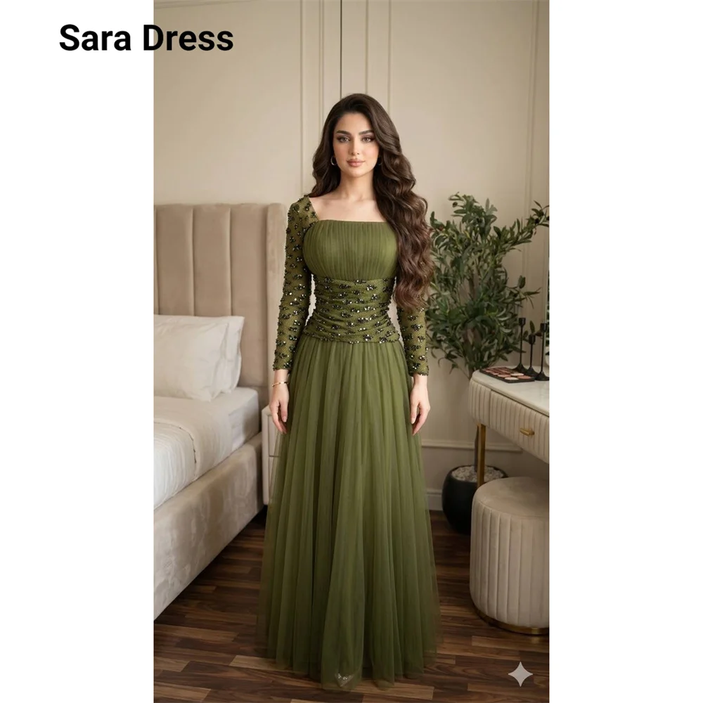 Vestidos de Cóctel Sara Personalizados, Corte A, Bordado Verde, Cuello Cuadrado, para Fiestas de Lujo y Galas, Vestidos Formales y de Noche para Mujer 2026