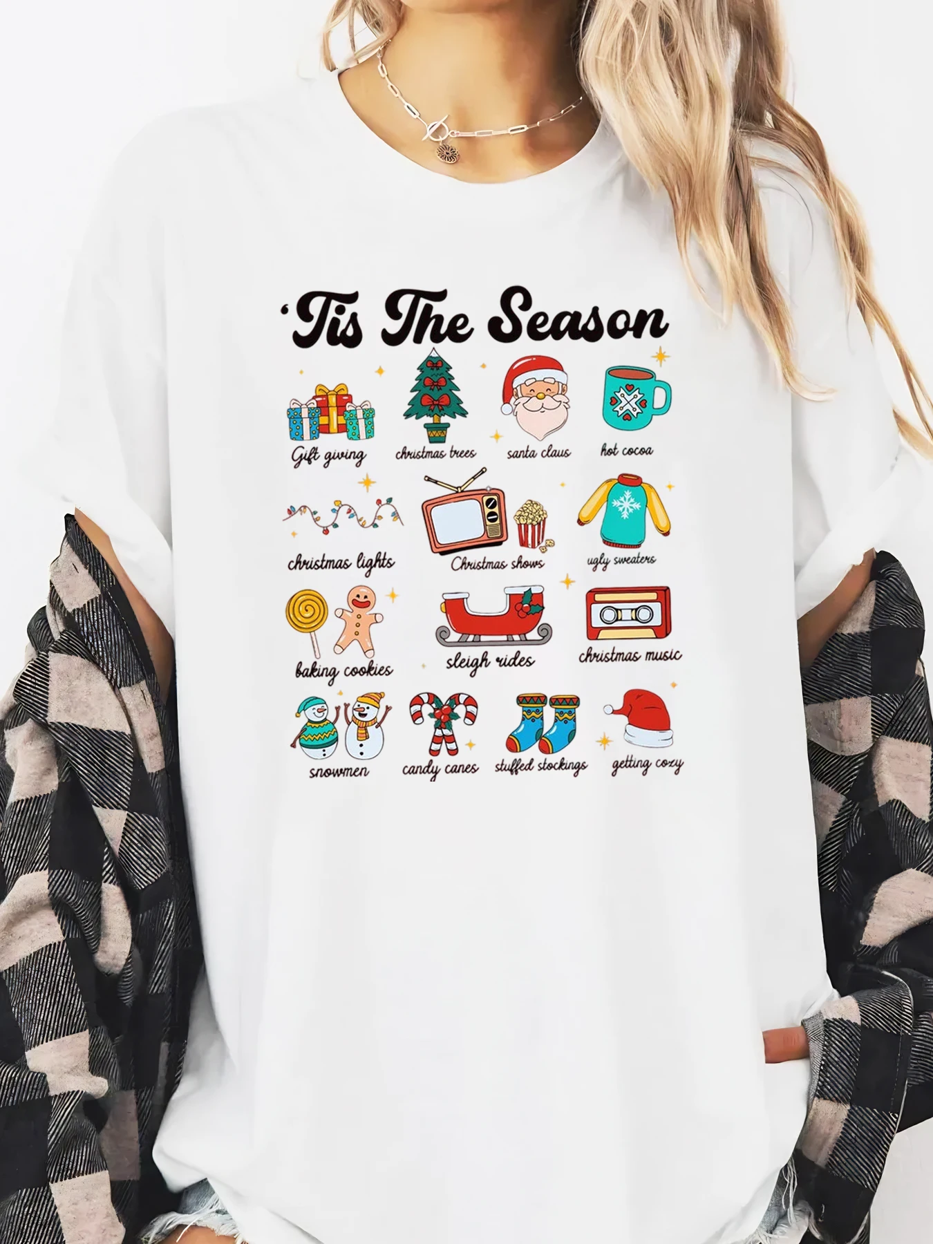 

Tis The Season Christmas Icons Print Long Sleeve T-shirt Women Holiday Party Casual Wear White Plus-size