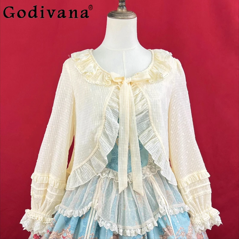 

2025 New Lolita Spring Autumn Ruffles Long Sleeves Lace Up Short Cardigan Sweet Girls Sun Protection Sweet Peter Pan Collar Top