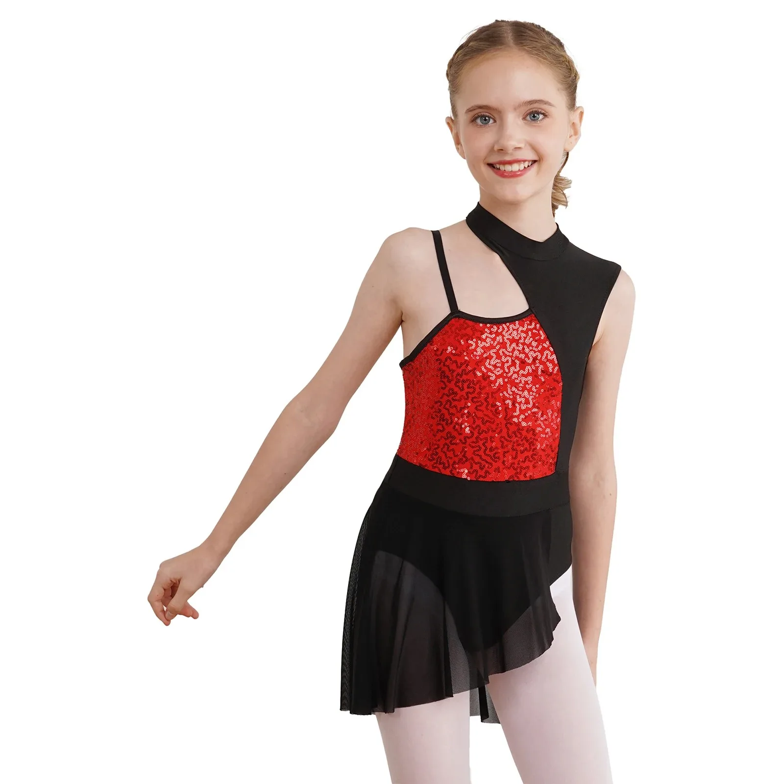 Kids Girls Ballet Dance Dress Jazz Contemporary Lyric Dancewear Fashion Shiny Sequins Sleeveless Mesh Patchwork Leotard Dresses