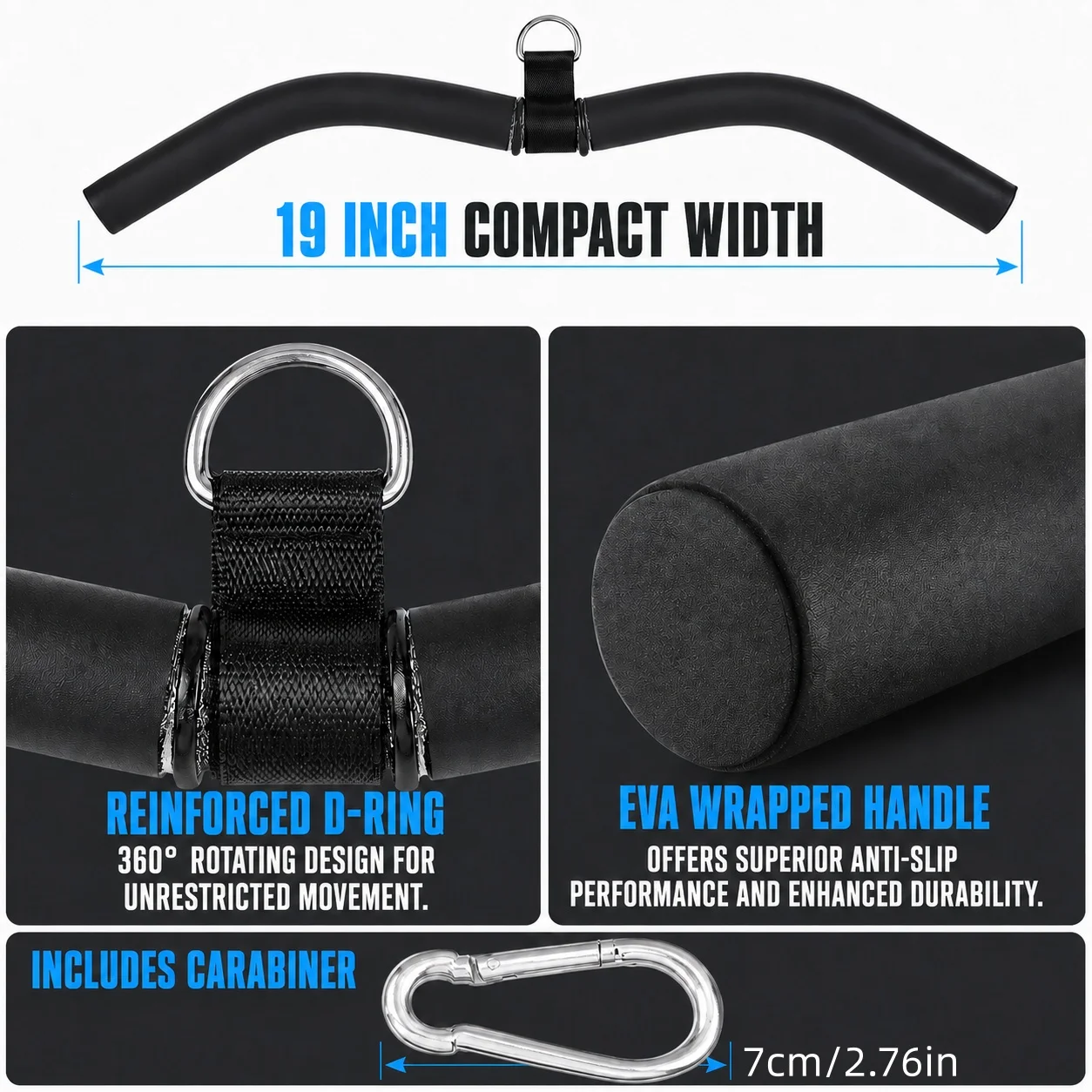 19 Inch Curved Triceps Pushdown Bar with EVA Foam Grip, 360° Swivel D-Ring Cable Attachment for Home Gym Lat Pulldown