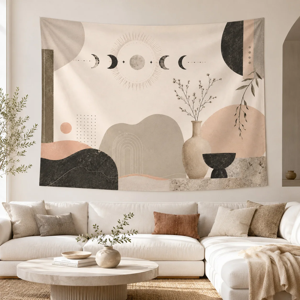 Boho Sun and Moon Tapestry Wall Hanging Aesthetic Room Decor Dorm Bedroom Modern Minimalist Fabric Wall Tapestries Gift