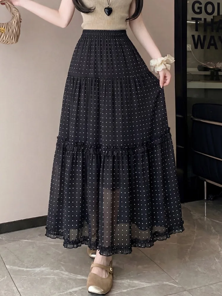 

Черная летняя женская юбка миди в горошек с эластичной высокой талией, драпировкой и вставками, А-силуэт, многоярусная юбка-кейк
