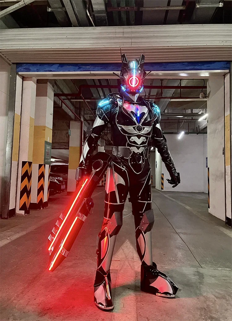 Christmas Costume Club Men Wear Punk LED Light Costumes Tech Armor Robot Helmet Party Cosplay Luminous Silver Outfit Perform