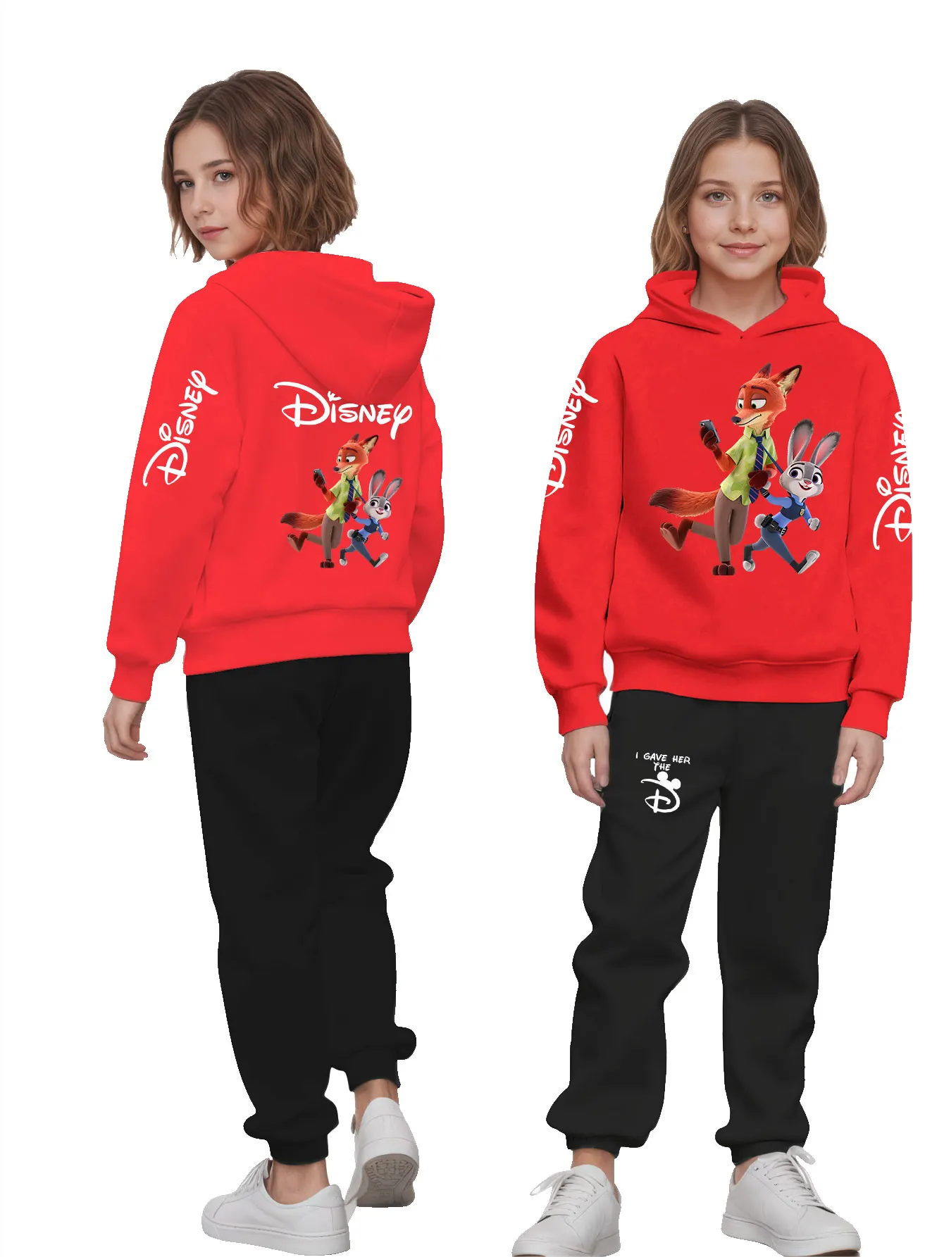 Dwuczęściowy zestaw: bluza z kapturem i spodnie dresowe z nadrukiem z kreskówki Disney Zootopia, jesienne, codzienne, urocze, luźne dla chłopców i dziewcząt.