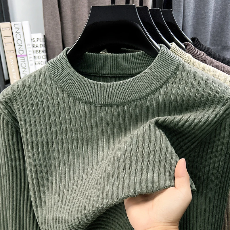 

Premium solid color striped knitted sweater men's new style fashion thick warm autumn winter comfort casual round neck pullover
