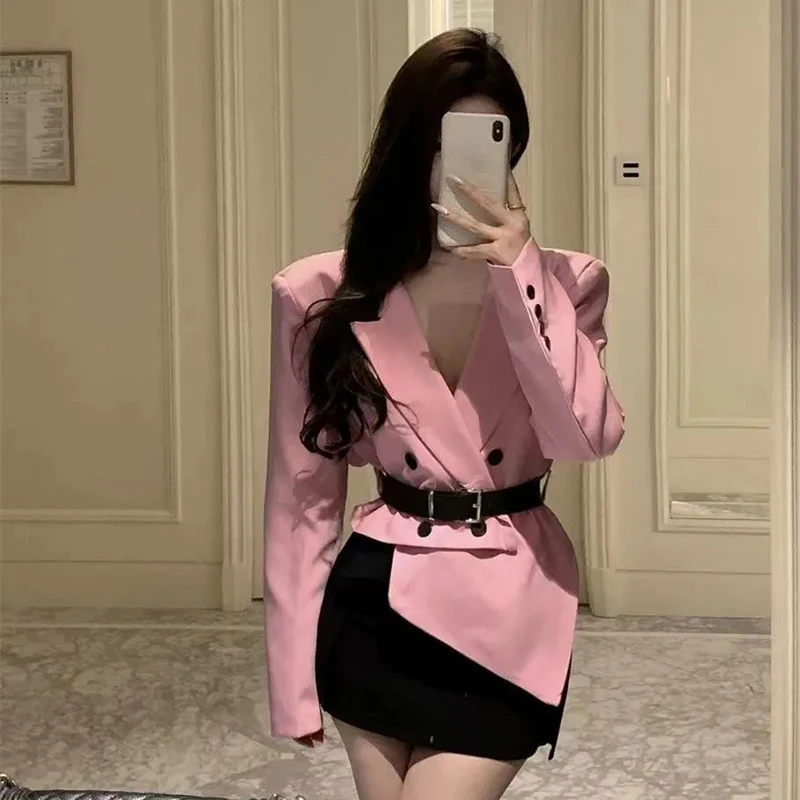 Chic Irregular Blazer Women Fashion Belt Cinched Waist Slim Fit Suit Jacket Spring Autumn Office Lady Double Breasted Outwear
