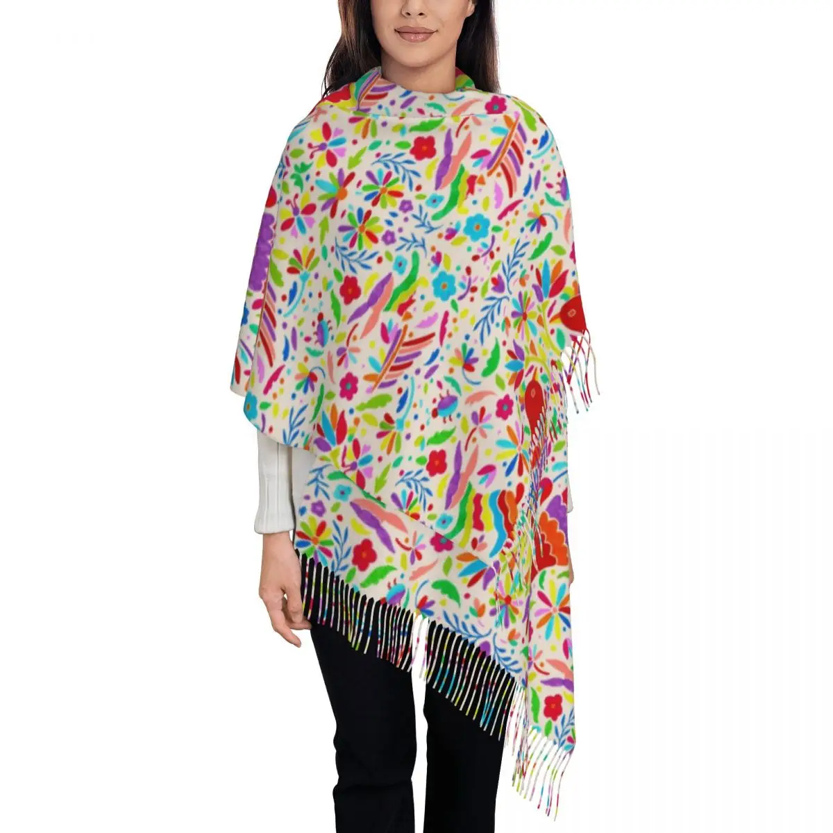 

Mexican Otomi Birds Scarf Tassel Scarves Women Soft Warm Shawls and Wraps Large Fall Winter Shawl Wrap