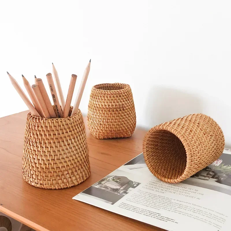 Handmade Pen Holder Hand Woven Wood Vine Rattan Stationery Container Storage Box Organizer Students Office School Desk Supplies