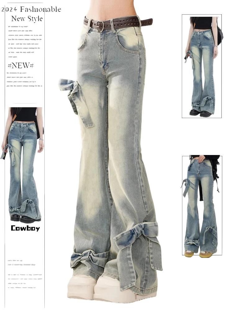 Y2k Jean Pants Vintage 2000s Trashy Clothes Women's Blue Bow Flare Jeans Harajuku 90s Aesthetic Streetwear Baggy Denim Trousers