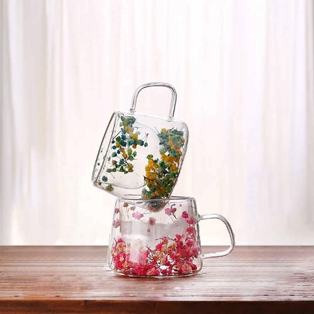 350ml Double Wall Glass Cup With Handle Dried Flower Decorated Heat Resistant Cup Ins Style Heat Resistant