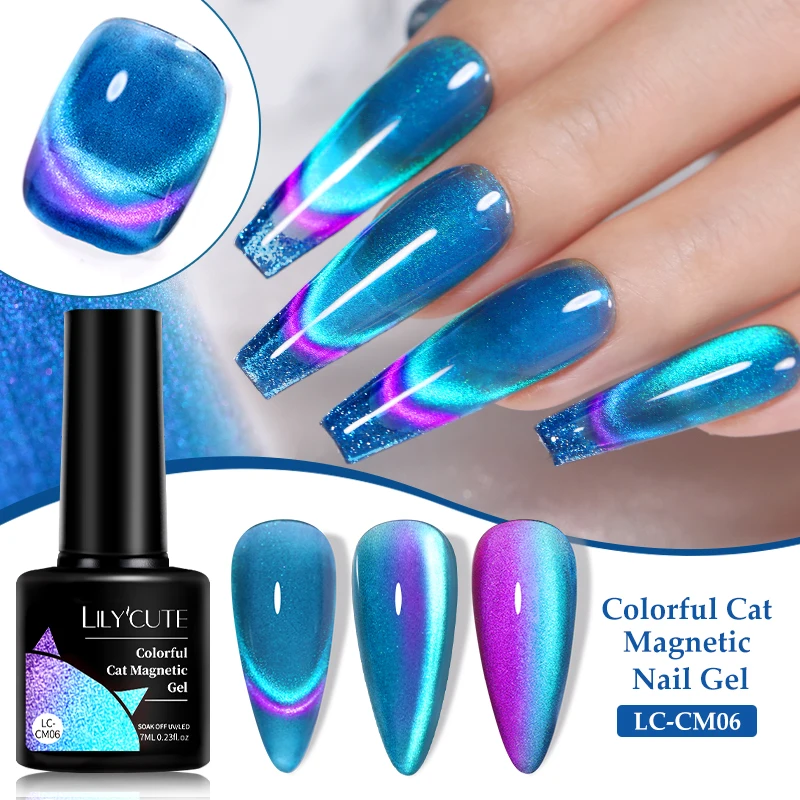 LILYCUTE 6Pcs/Set 7ml 9D Double Light Rainbow Cat Magnetic Gel Nail Polish Sparkling Fireworks Colorful Soak Off Nail Art Gel Va