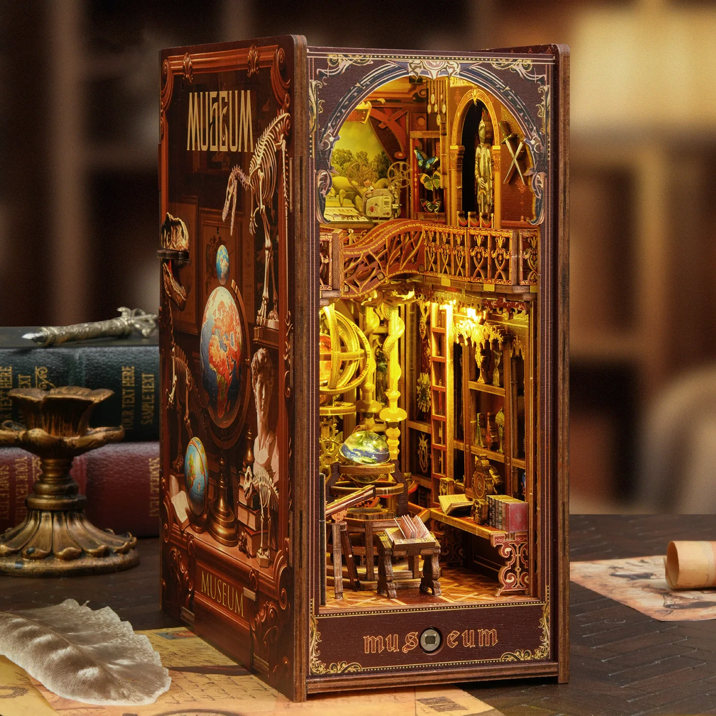 DIY Wooden Century Museum Book Nook Shelf Insert Kit Miniature Model Kits Bookshelf With Light Bookend for Friends Birthday Gift