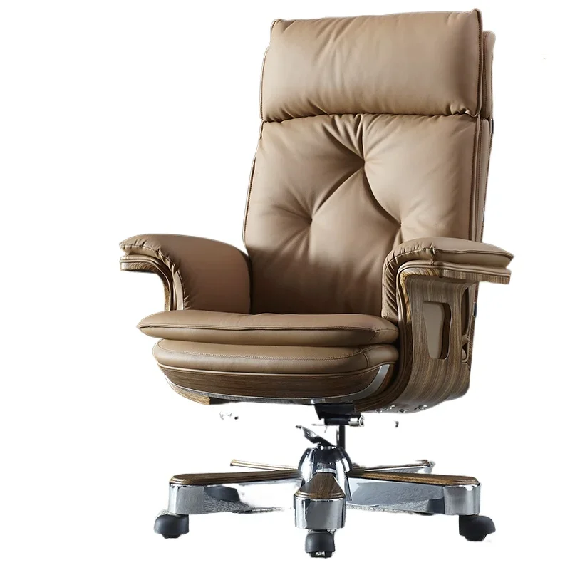 

ZL Solid Wood Office Chair Home Comfort Study Swivel Chair High-end Business Cowhide