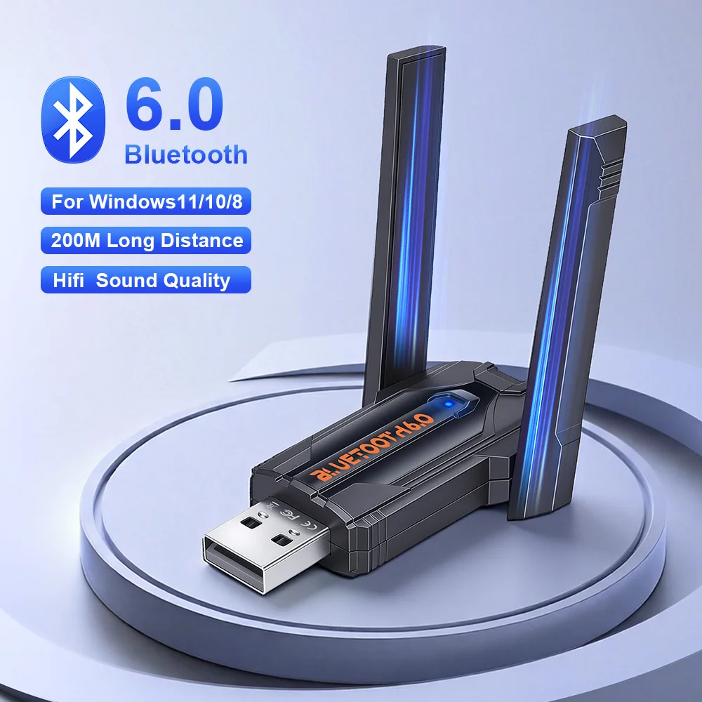 Electop USB Dual-antenna Bluetooth 6.0 Adapter Plug And Play 200M Transmitter for PC Wireless Mouse Speakers Music Audio Printer