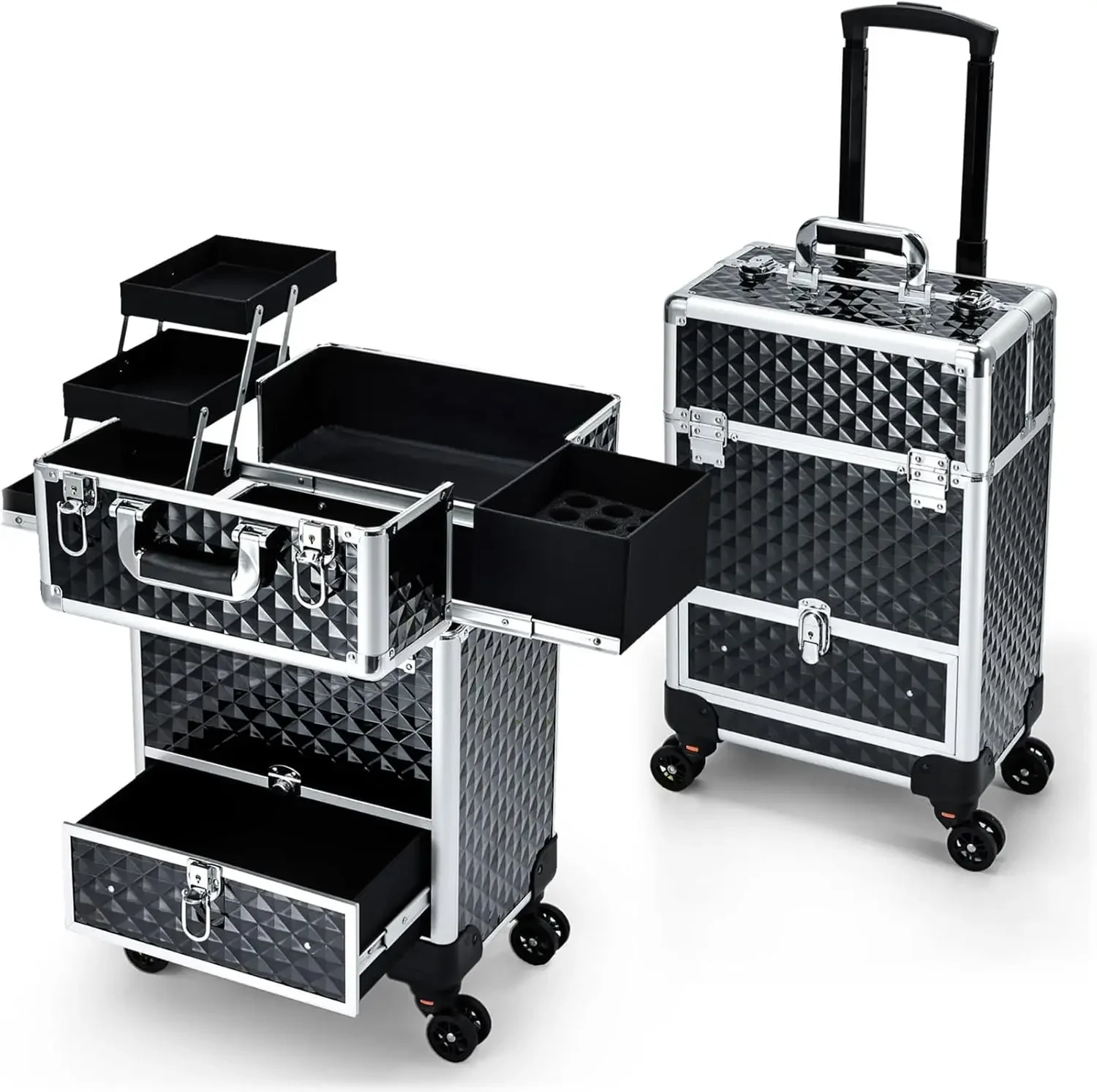 Rolling Makeup Case Cosmetic Travel Trolley Storage Sliding Drawer 4 Tray Makeup Travel Case with Wheels Salon Barber Case Trave