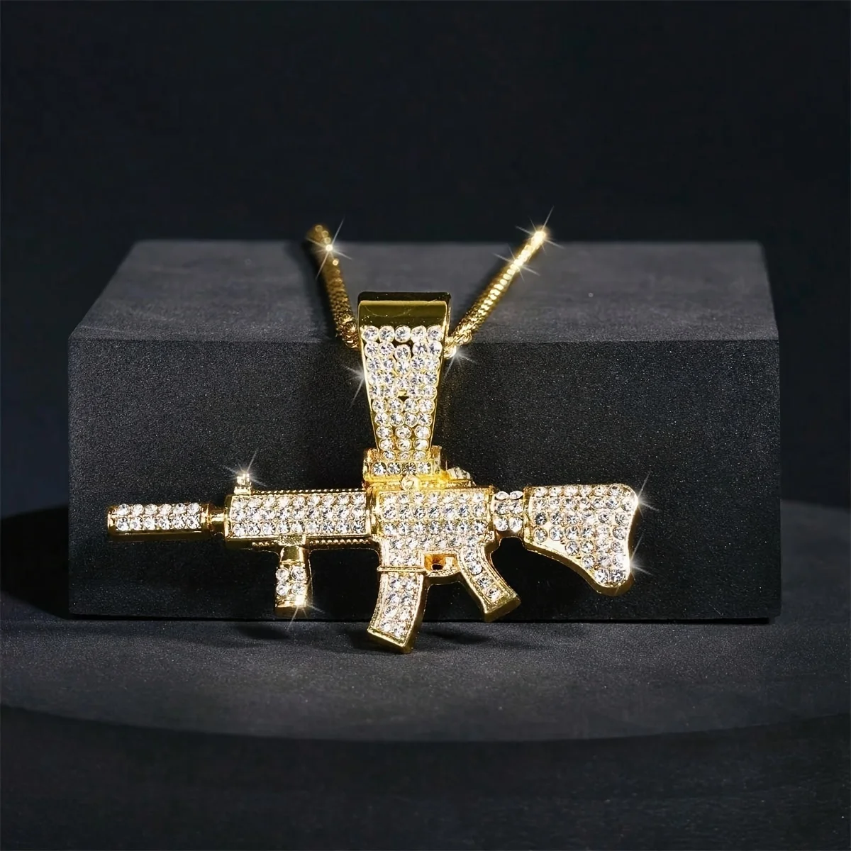Fashion HipHop Ak47 Submachine Gun Pendant Necklace For Men Crystal Cuban Chain Iced Out Bling Necklace Punk Rock Biker Jewelry view 4