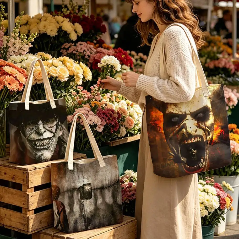 Horror Movie Black Phone pattern printed canvas tote bag, suitable for daily use, shopping, school, and travel