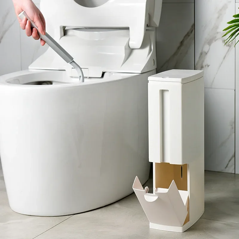 Push-type Plastic Trash Can for Home Bathroom Narrow Gap Trash Can with Toilet Brush