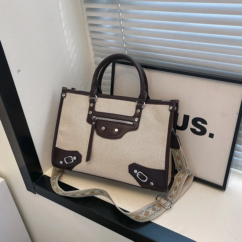 

​2025 New Color Block Tote Bag for Women Large Capacity Crossbody Shoulder Purse Fashionable Commuter Work Bag, Spacious & Chic​