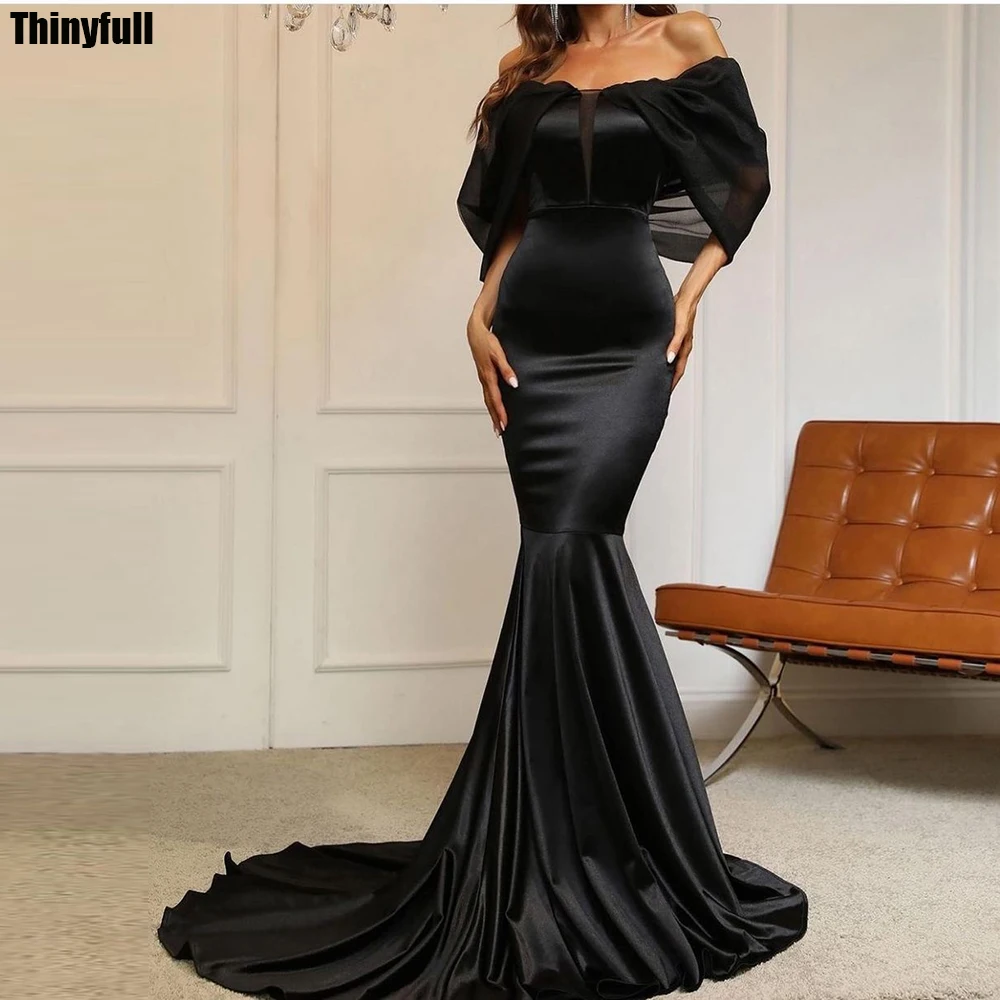 

Thinyfull Elegant Meimaid Black Prom Dresses Off Shoulder Satin Evening Gowns 2024 Floor-Length Formal Event Party Dress