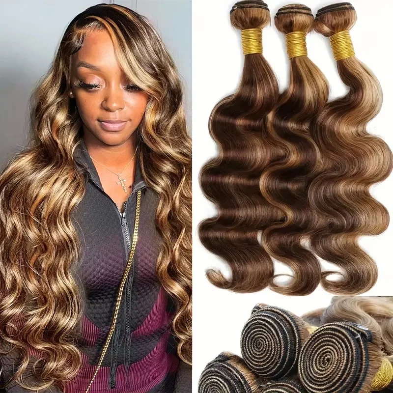 

Выделите человеческие волосы объемной волны 3/4 шт. цветные пучки # 4/27 Ombre Медовый Блондин Натуральная Волна 100% Необработанные Предложения Наращивания