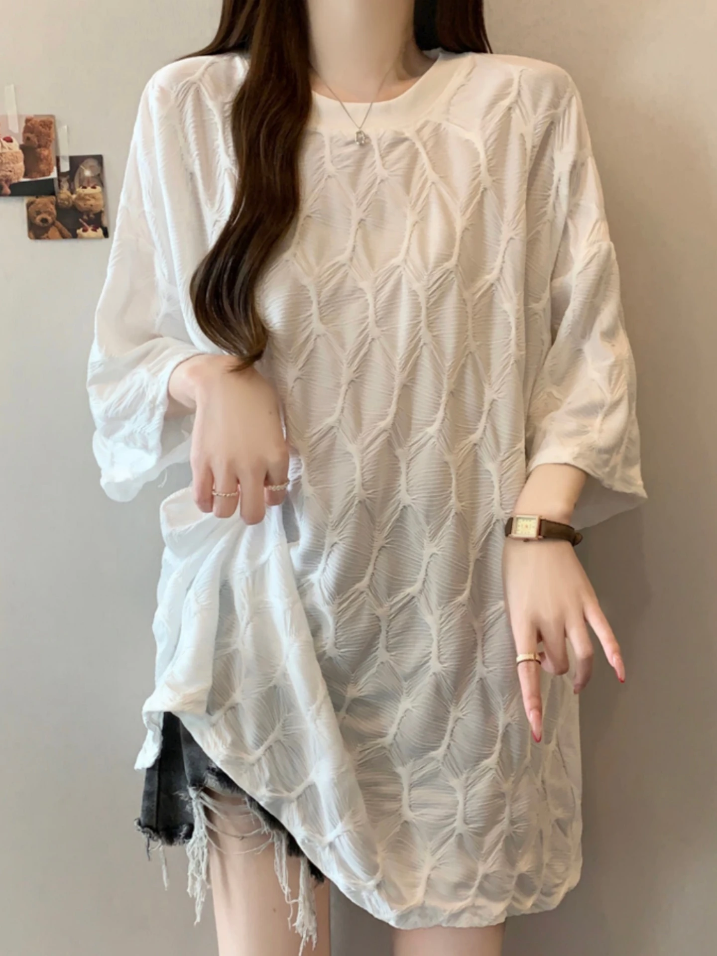 Textured Half Sleeve T-Shirt Women's Summer Base Layer Top plus Size mid Length Cover Butt Creative Commute Style Korean Loos...