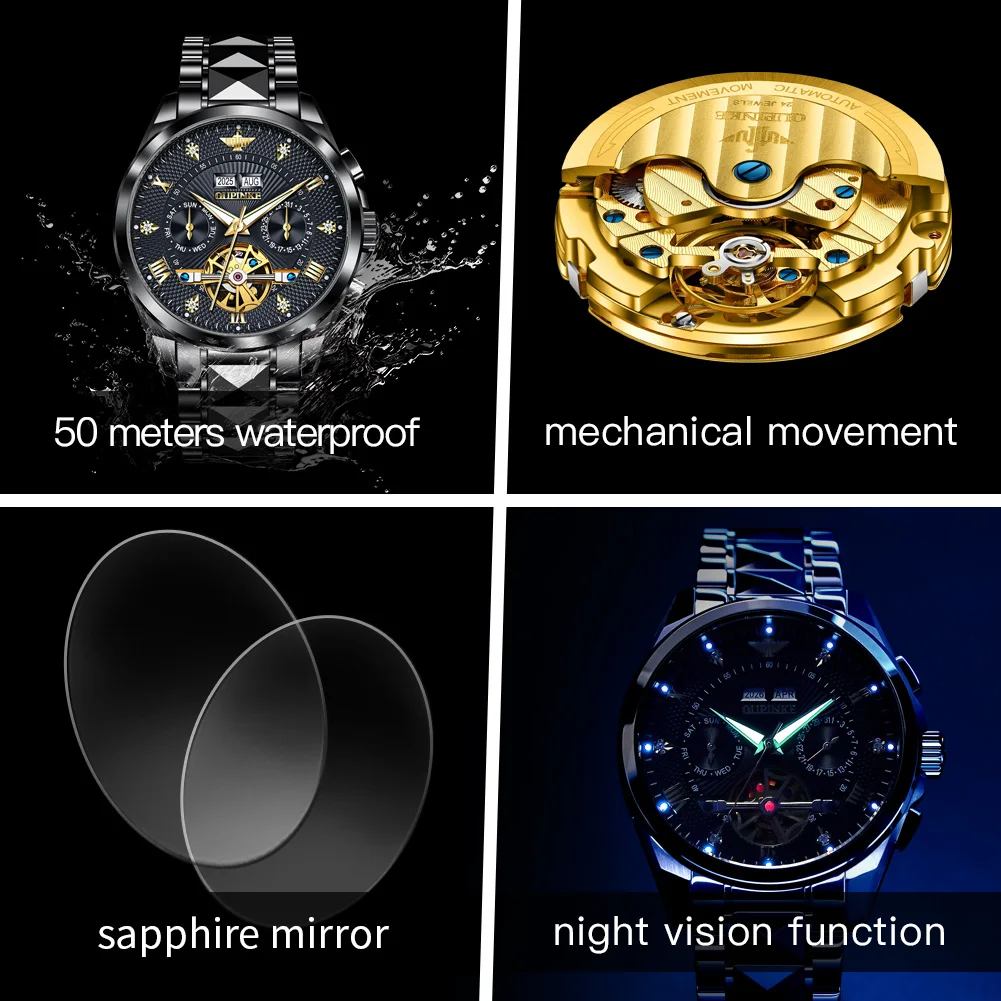 ساعات رجالية من OUPINKE من أفضل العلامات التجارية الفاخرة من الفولاذ التنغستن الأصلي ساعة ميكانيكية أوتوماتيكية للرجال حركة دولاب الموازنة مقاومة للماء #6