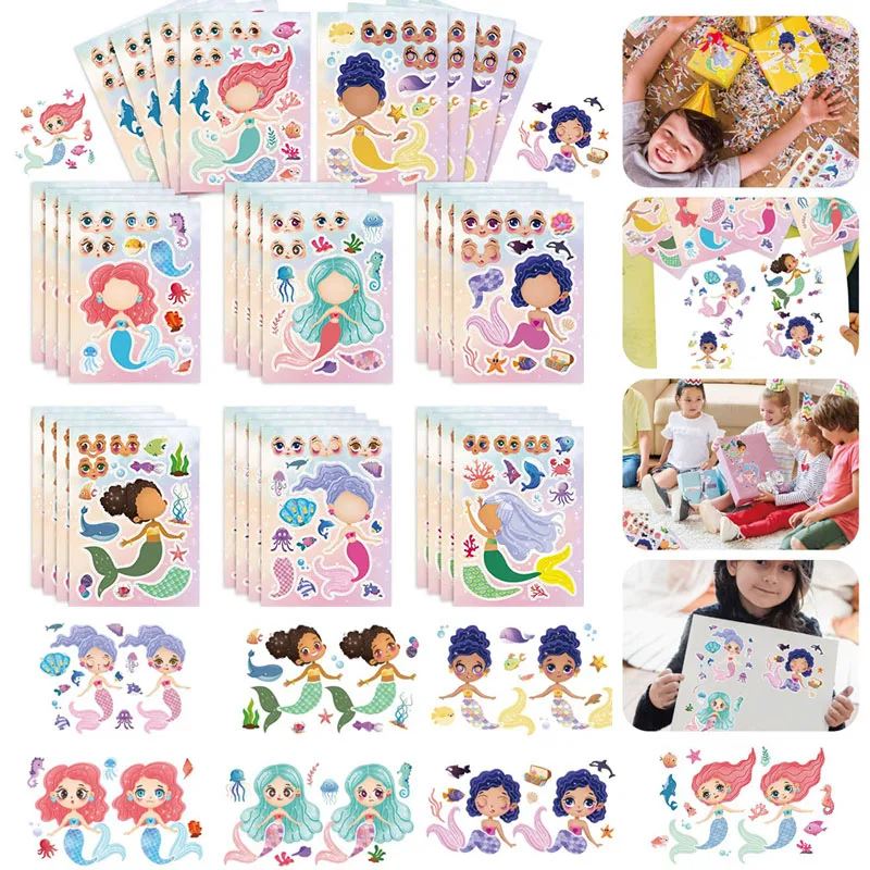 สติกเกอร์หน้า6-24sheets ทำด้วยตัวเองสติกเกอร์ปริศนาเจ้าหญิงเงือกสำหรับเด็กวัยหัดเดินเด็กผู้หญิงของขวัญงานเลี้ยงวันเกิด