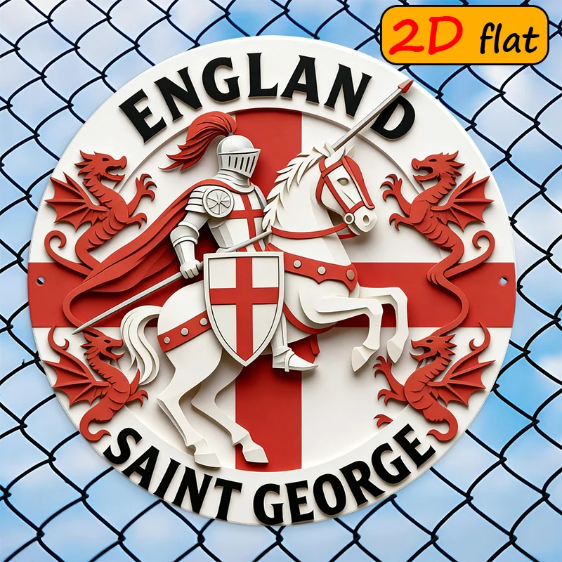 2D Flat, 2D Flat, 2D/Flat, 1pc, England St. George Knight Dragon Pattern Round Sign, 20×20 Cm Outdoor Plaque, Perfect for St. Ge