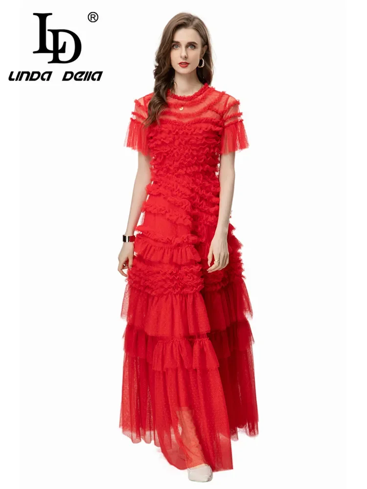 LD LINDA DELLA 2024 Summer Italian Elegant Luxury Dress Women's Solid Color Net Yarn Cascading Ruffle Embroidery Elegant Dresses