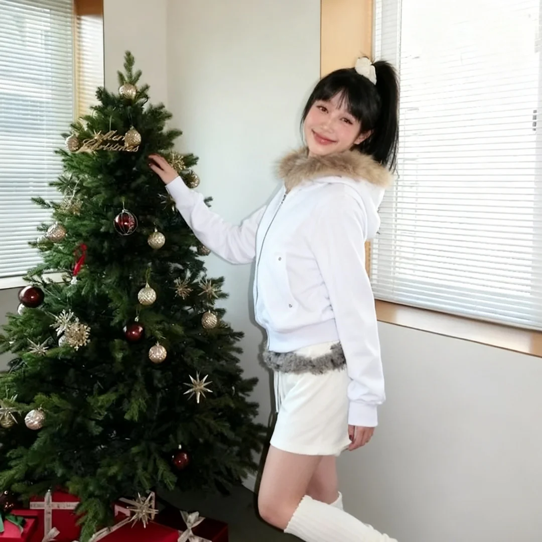 

Women’s New Color Block Fur Collar Hooded Zip Cardigan Loose Stylish Long Sleeve Sweatshirt Oversized Trendy Jacket