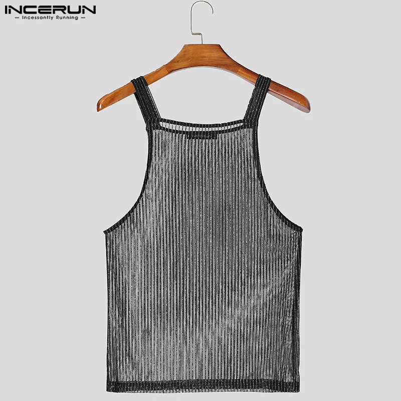 INCERUN Tops 2025 American Style Fashion Men Sparkling Fabric Stripe Perspective Mesh Vests Casual Clubwear Male Thin Tank Tops image 3
