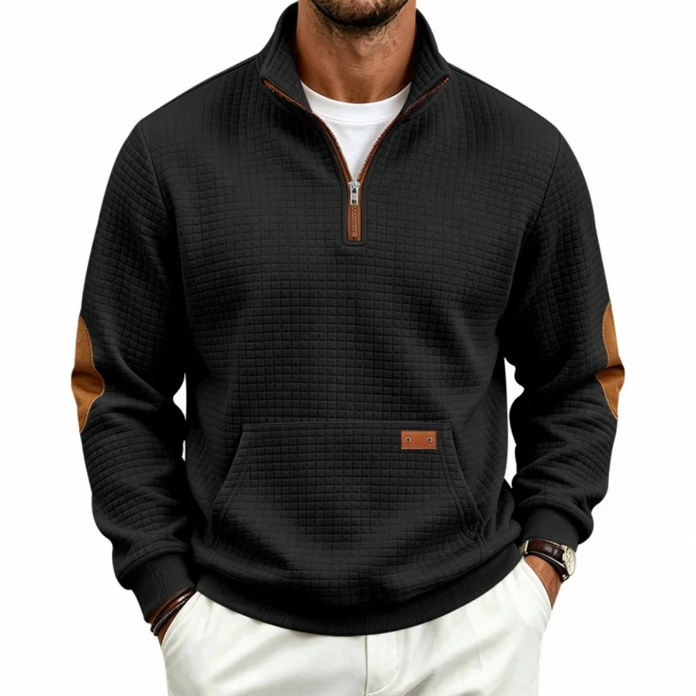 Half Zip Stand Collar Pullover Sweatshirt for Men with Solid Color Finish and Plaid Pocket for Vacation and Exercise