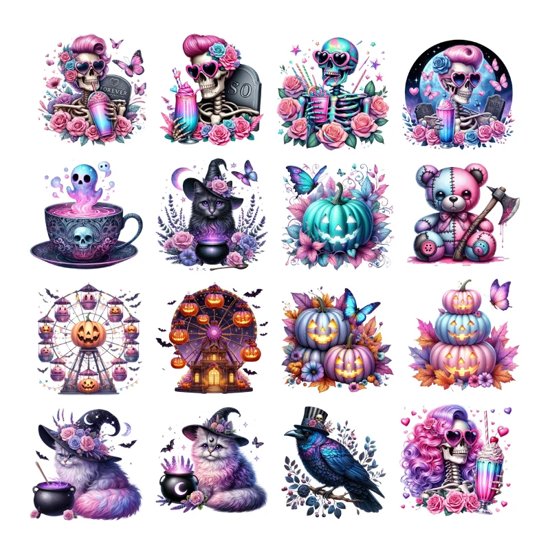 

17 pieces of Halloween-Themed Style cat pumpkin flower Pattern Iron-On Transfers for DIY clothing and accessories T-shirts