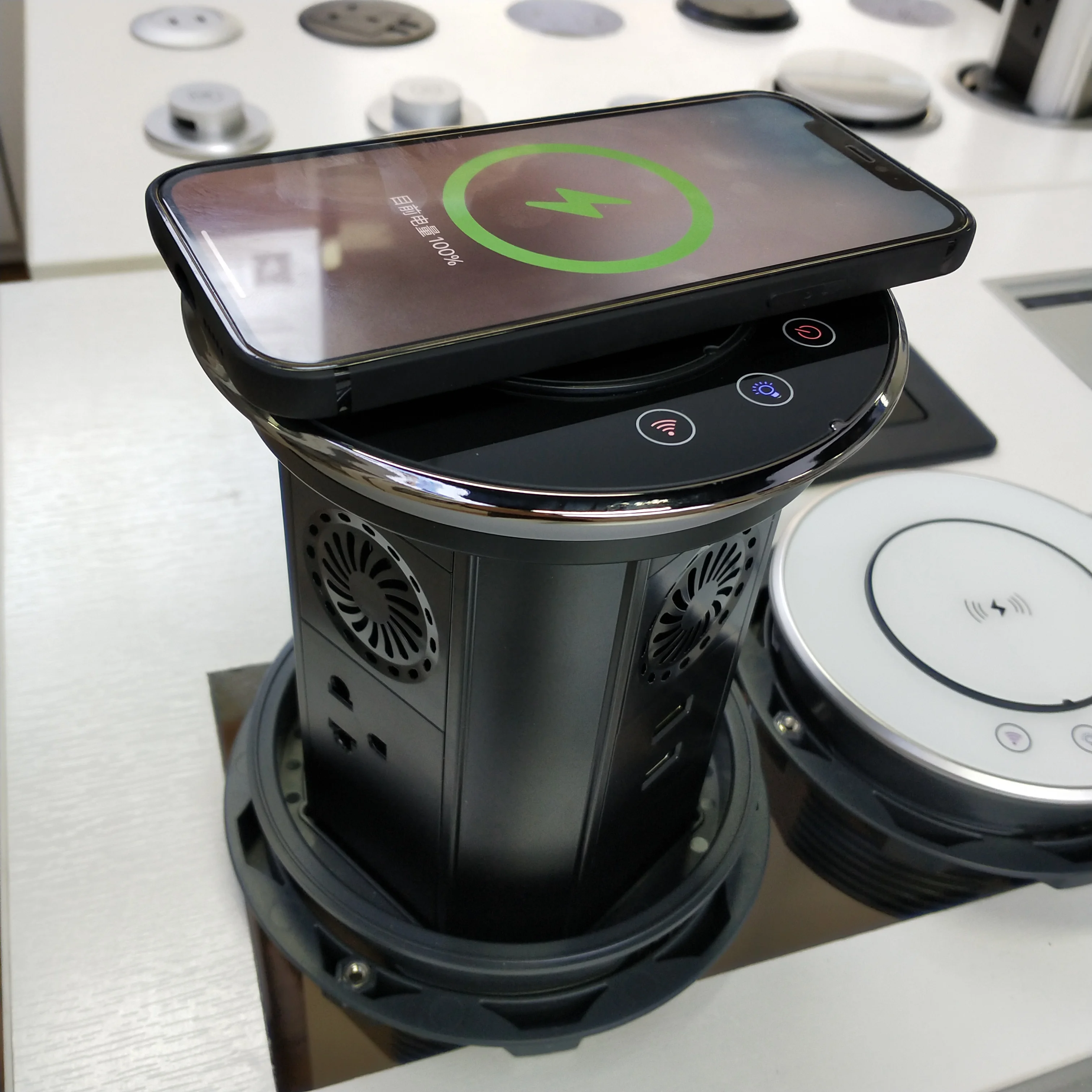 All Black White Glass Top IP65 Waterproof US Standard Wifi Smart Motorized Kitchen Pop up Socket with USB-c LED Light for Home