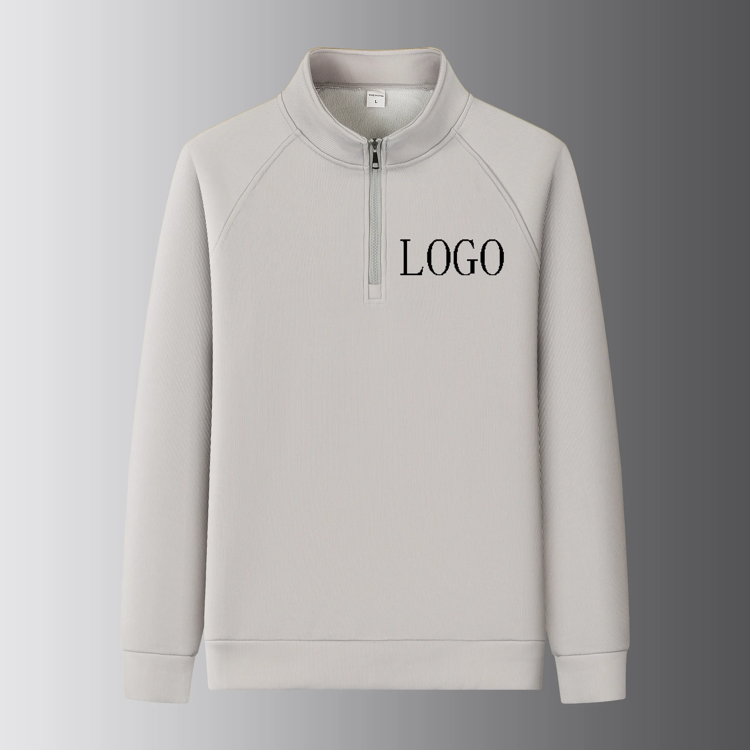 

New Men's Long Sleeved Warm Jacket Stand Collar Solid Color Half Zipper Top Mass Customization Printed Logo