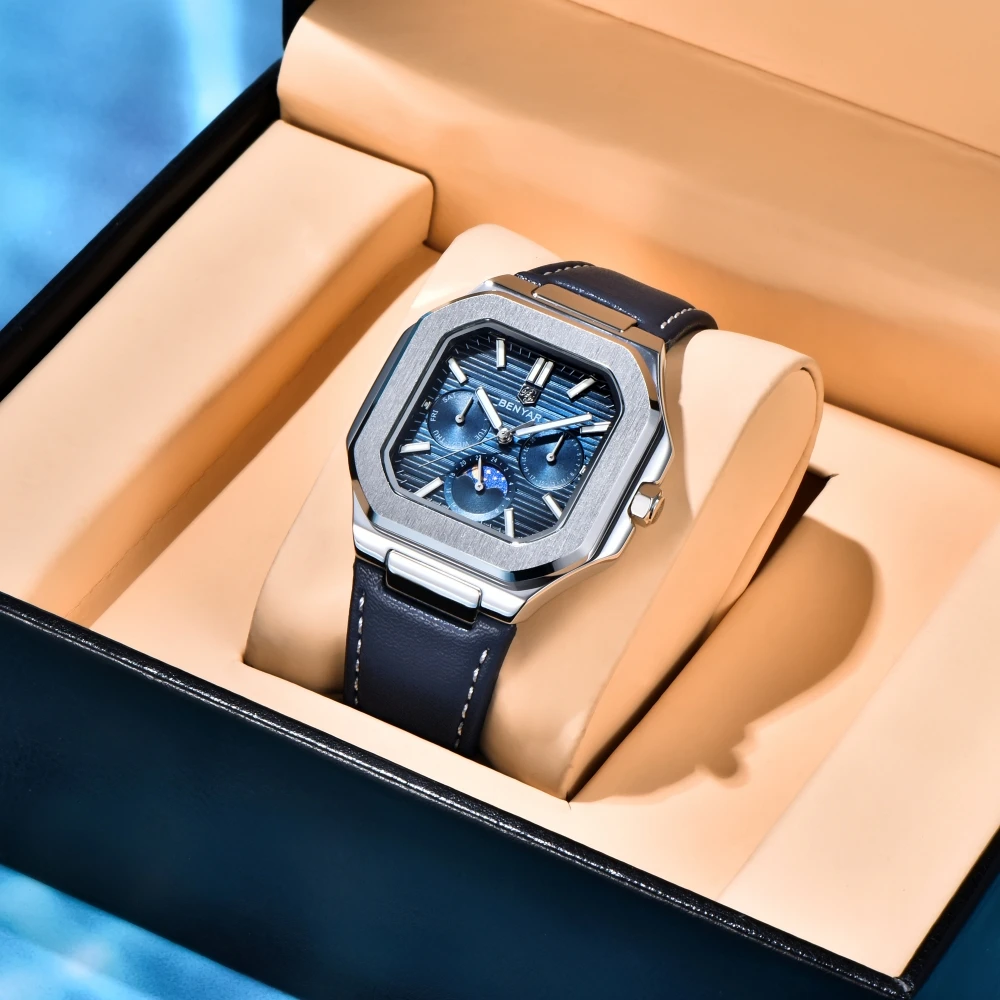 

BENYAR 2025 37 мм квадратные модные кварцевые часы мужские автоматические часы роскошные часы из нержавеющей стали с ночником для мужчин