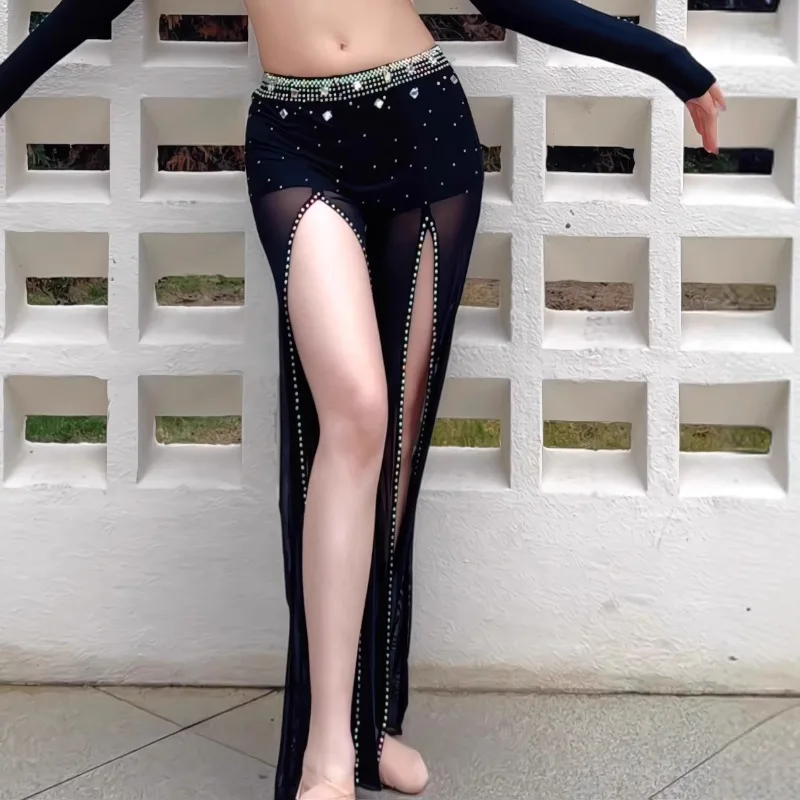 ที่กําหนดเองเครื่องแต่งกายBellydanceหรูหราลึกV-ตาข่ายเจาะร้อนแยกอุตสาหกรรมหนักกางเกงOriental Dance Performance Dress