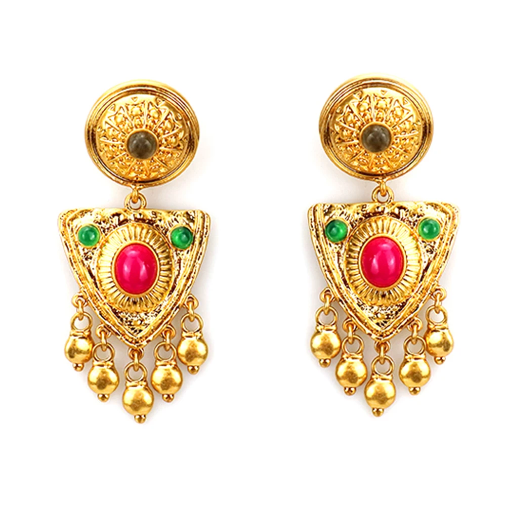 Medieval Retro Red Stone Tassels Gold-plated Earring Classic Vintage Fashion Moroccan Jewelry For Women