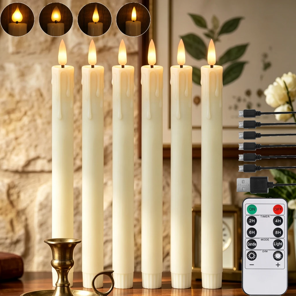 6 Pack Flameless Taper Candles With Remote Realistic Flickering Battery Operated Candlesticks Ivory LED Plastic Candle Safe for Weddings Table Decor Christmas and Halloween