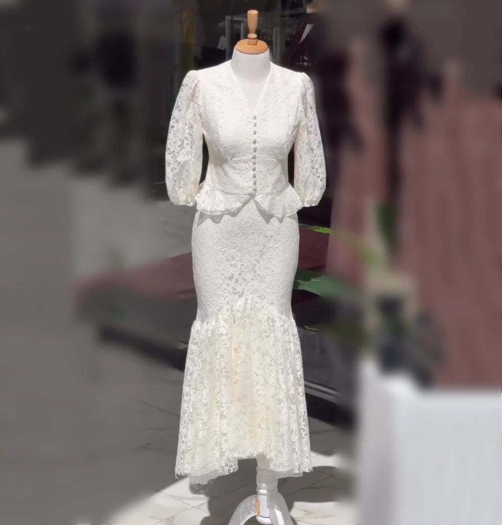 Customized Elegant Two-piece Wedding Party Dress Button Lace V-neck Mermaid Midi Dresses Formal Evening Dress