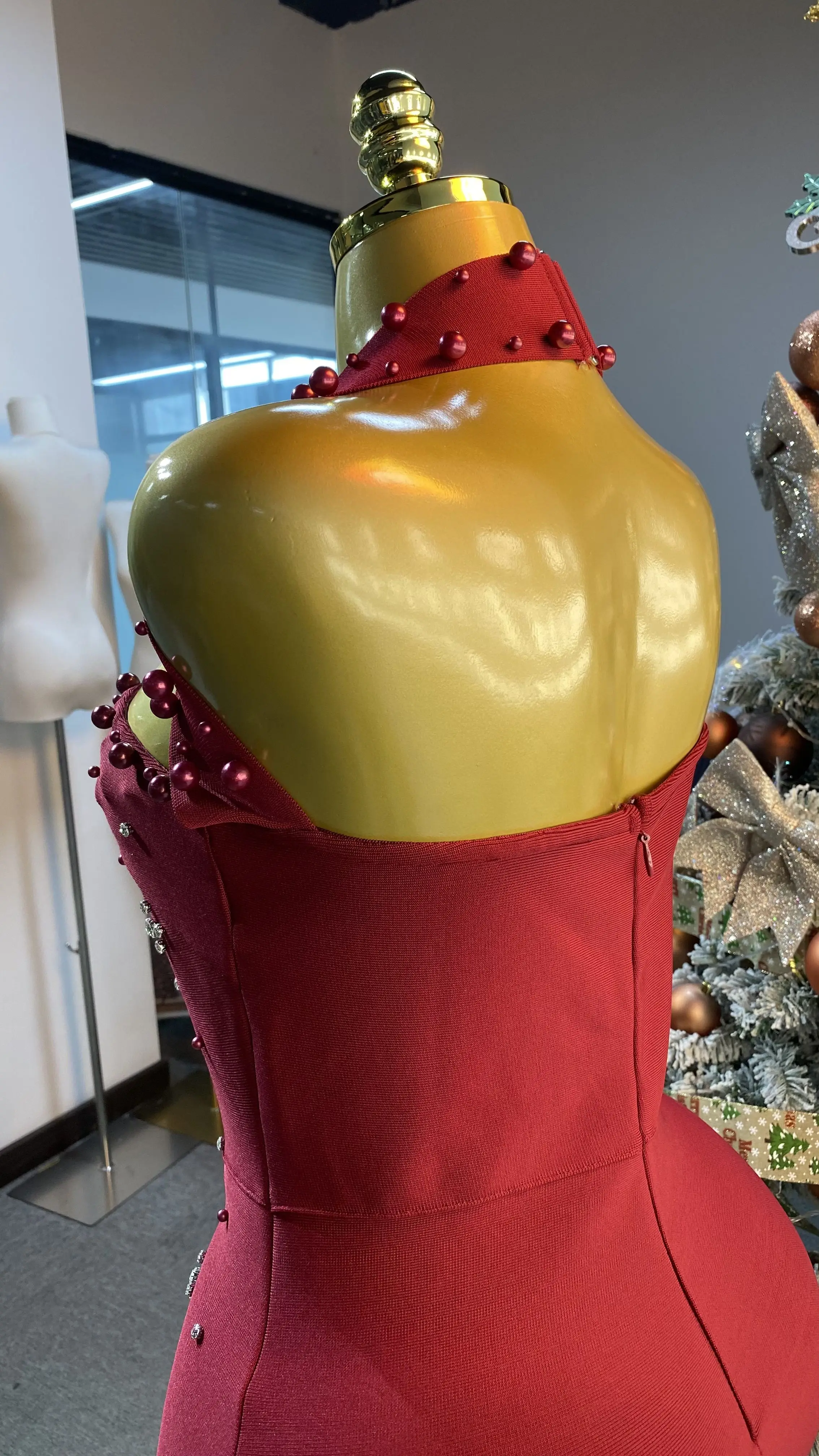 Vestido maxi feminino de luxo, sem mangas, diamante, pérola, bandagem, costas nuas, sexy e slim fit, vestido de festa-GZXX399