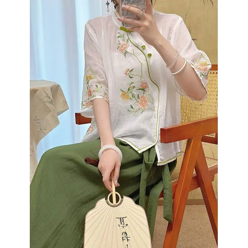 2026 New Spring Summer Chinese Style Women Linen Cotton Tie Front Chinese Embroidery Tea Zen Literary Cardigan Top
